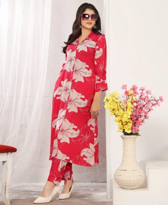 Red Premium Rayon Printed Co-ord Set