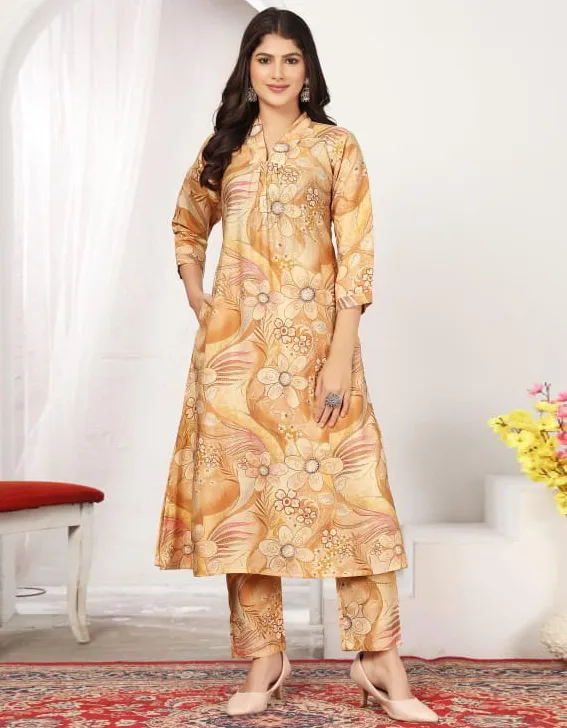 Beige Premium Chanderi Printed Co-ord Set