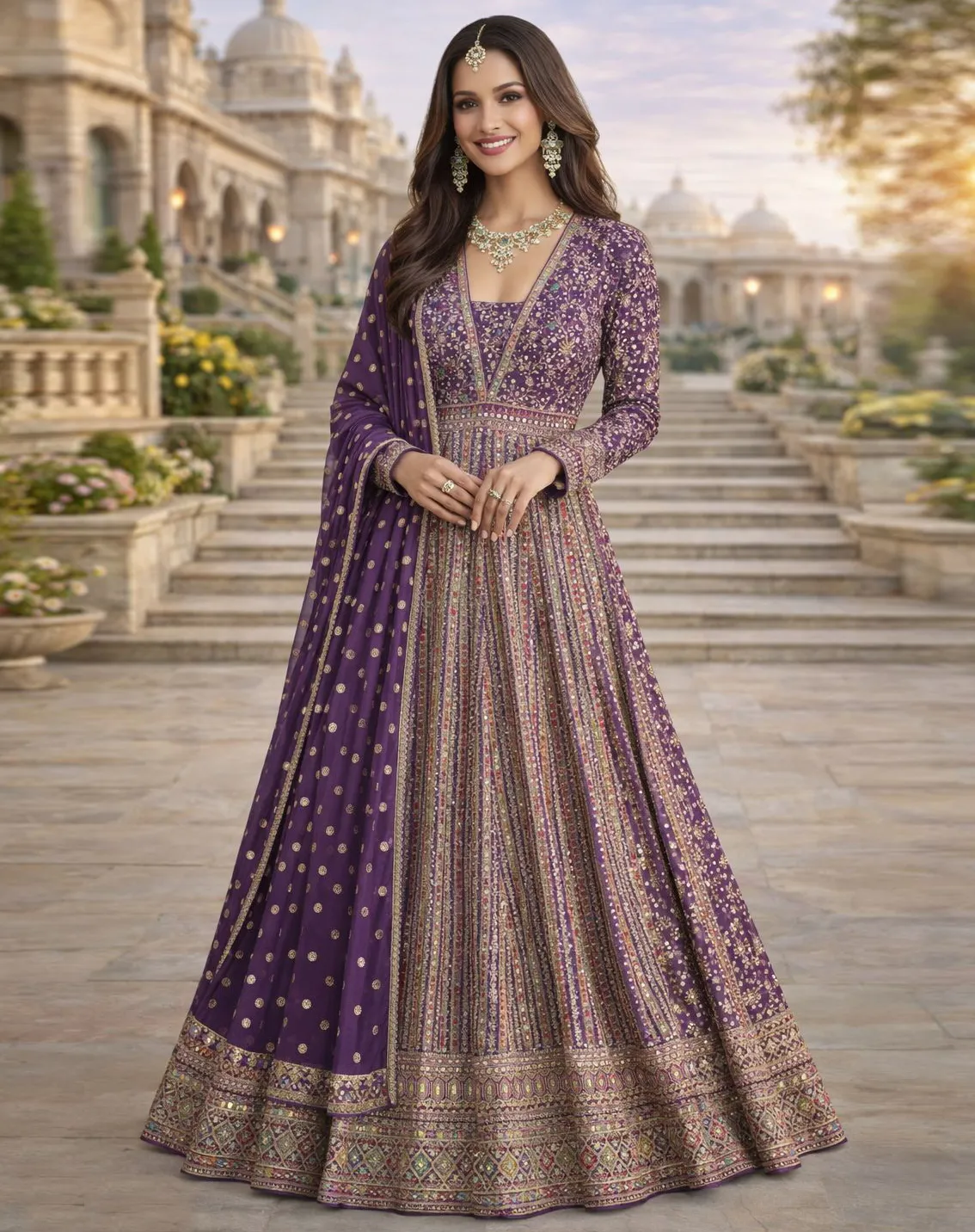 Purple Real Georgette Embroidered Floor Length Designer Suit