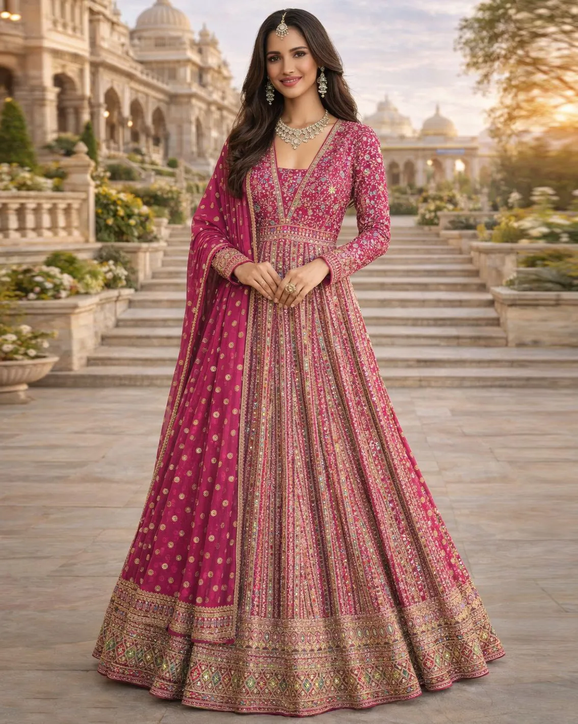 Pink Real Georgette Embroidered Floor Length Designer Suit