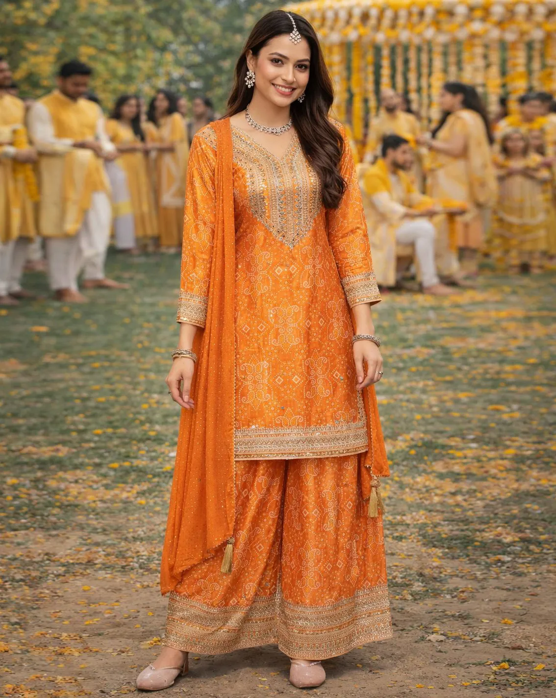 Orange Real Premium Chinon Silk Readymade Plazzo Suit