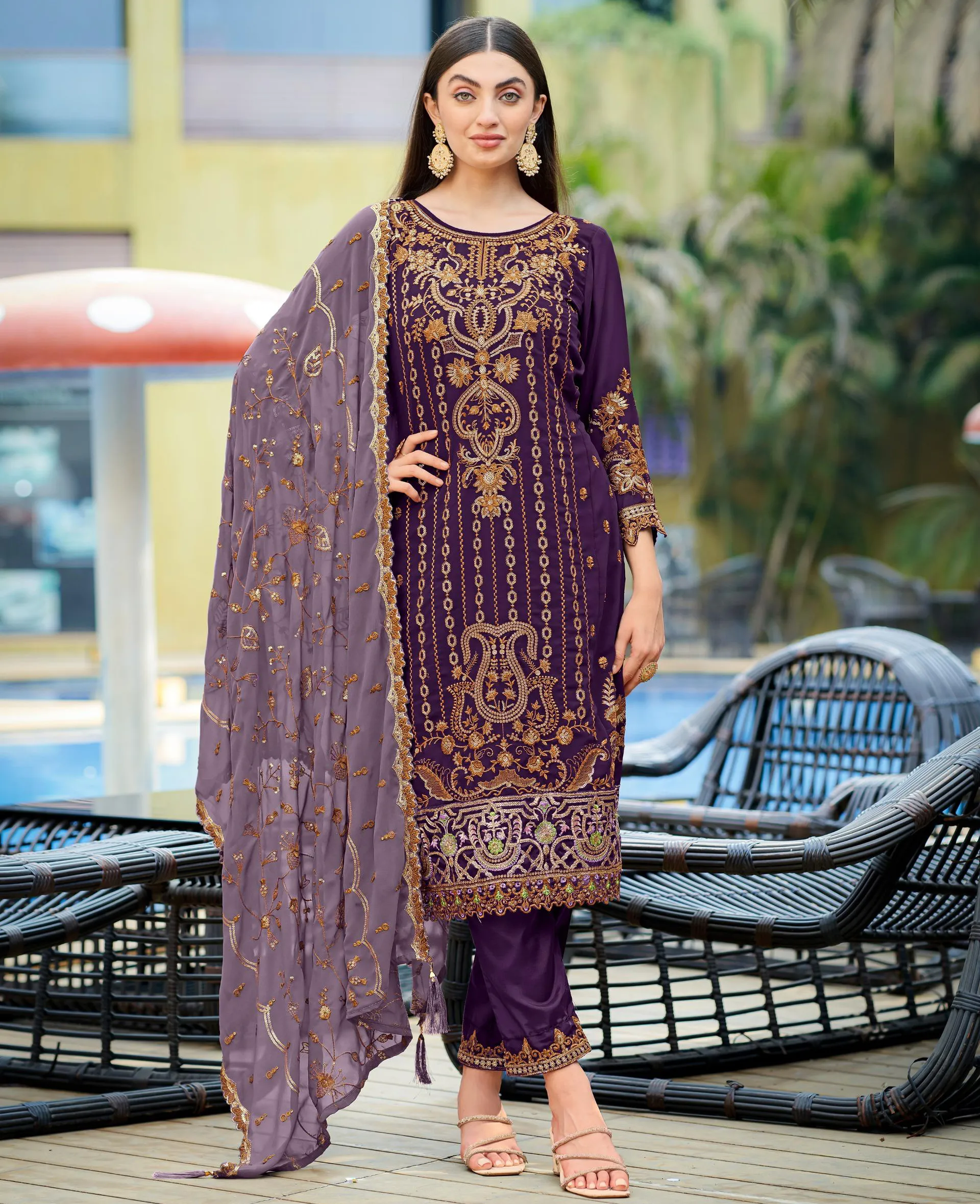 Wine Real Premium Georgette Embroidered Readymade Pakistani Suit