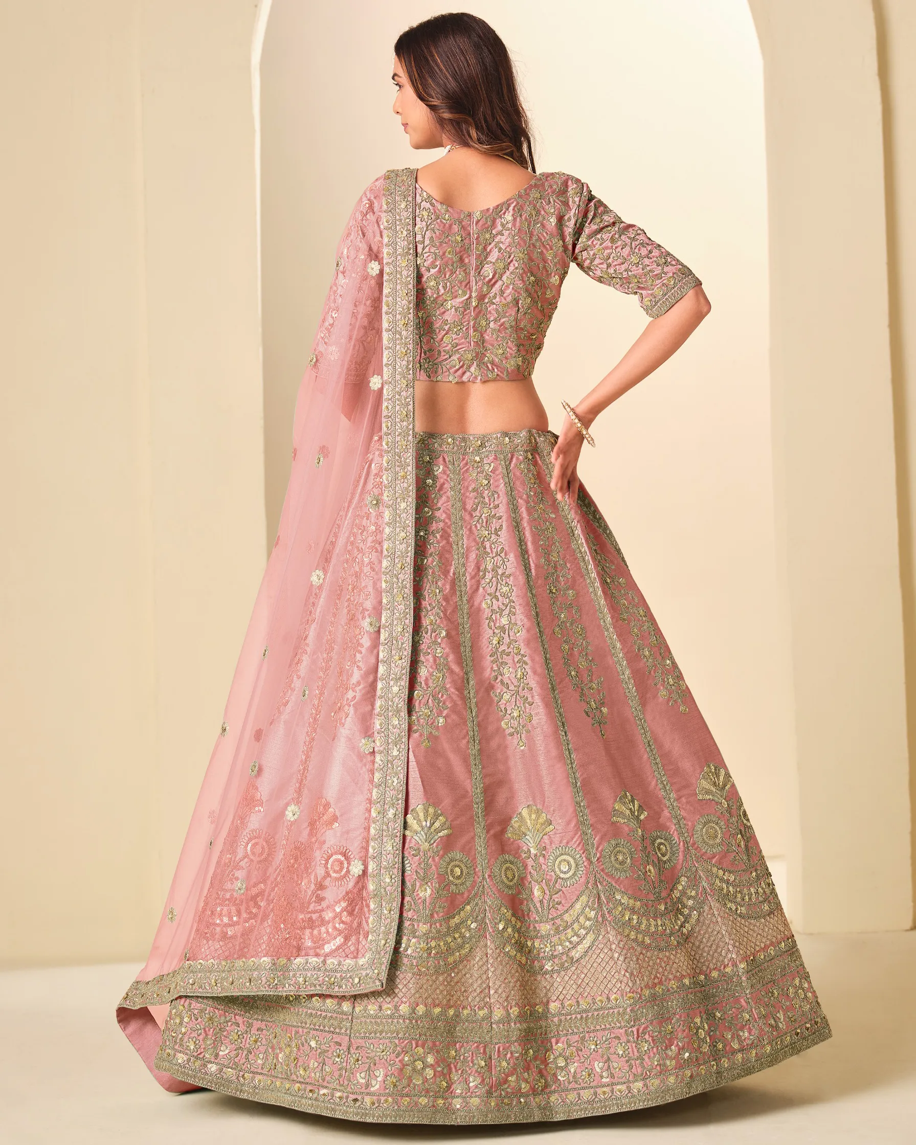 Baby Pink Art Silk Sequins Embroidered Wedding Lehenga - Image 2