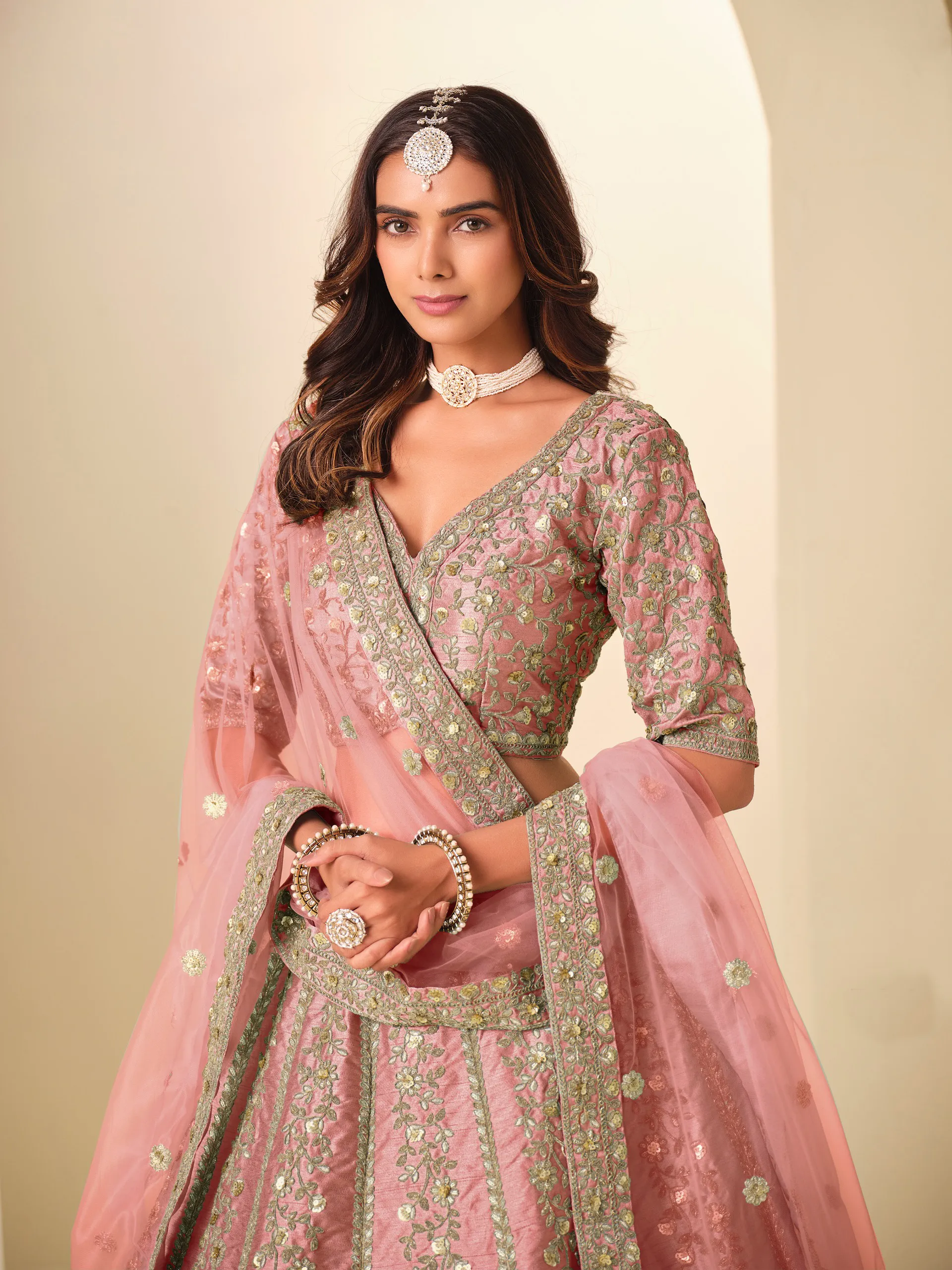 Baby Pink Art Silk Sequins Embroidered Wedding Lehenga - Image 3