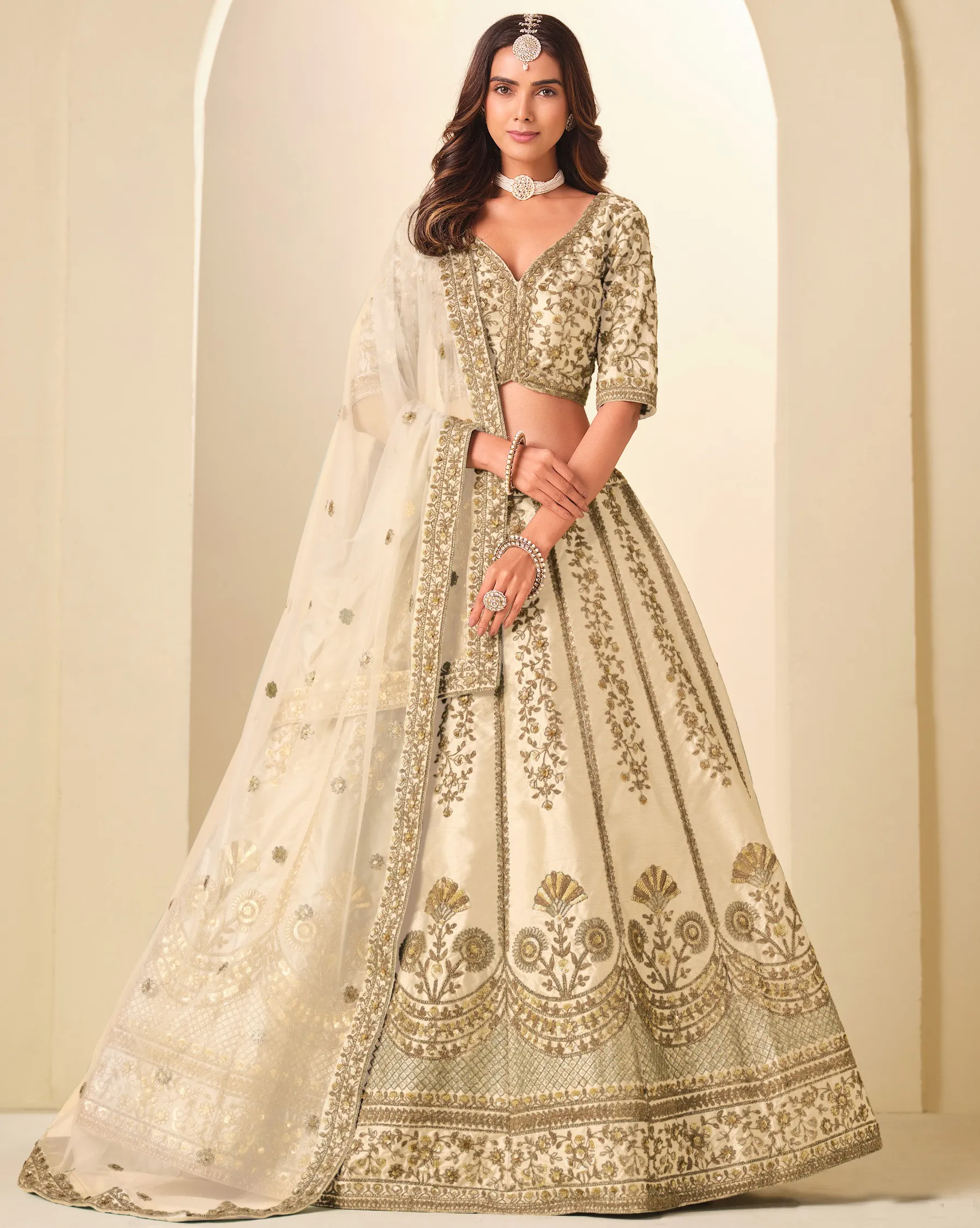 Cream Art Silk Sequins Embroidered Wedding Lehenga