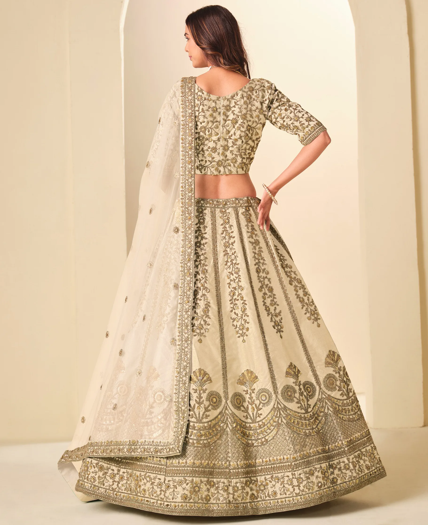 Cream Art Silk Sequins Embroidered Wedding Lehenga - Image 2