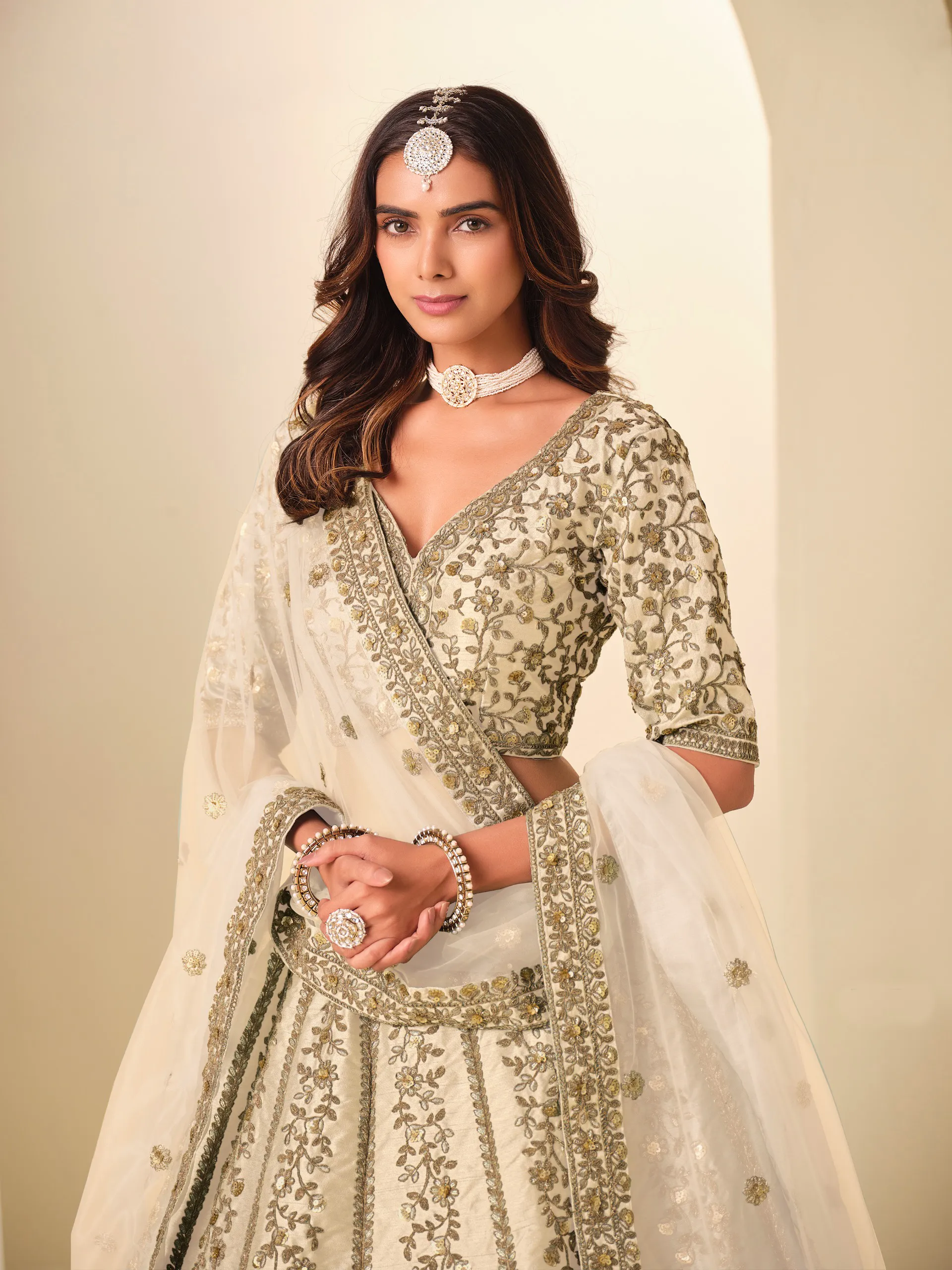 Cream Art Silk Sequins Embroidered Wedding Lehenga - Image 3