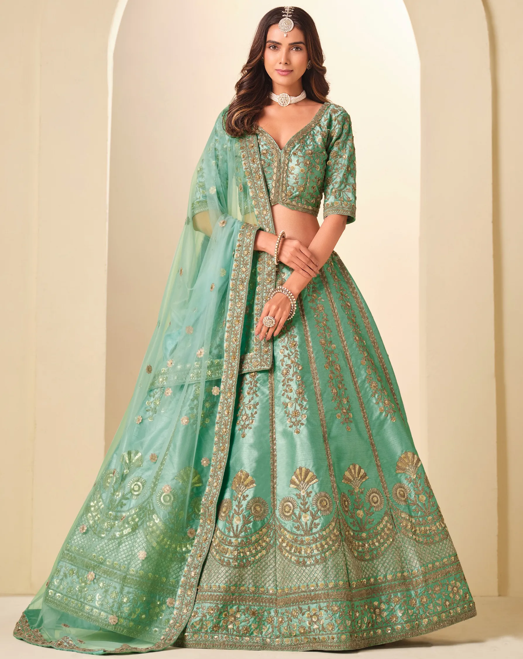 Sea Green Art Silk Sequins Embroidered Wedding Lehenga