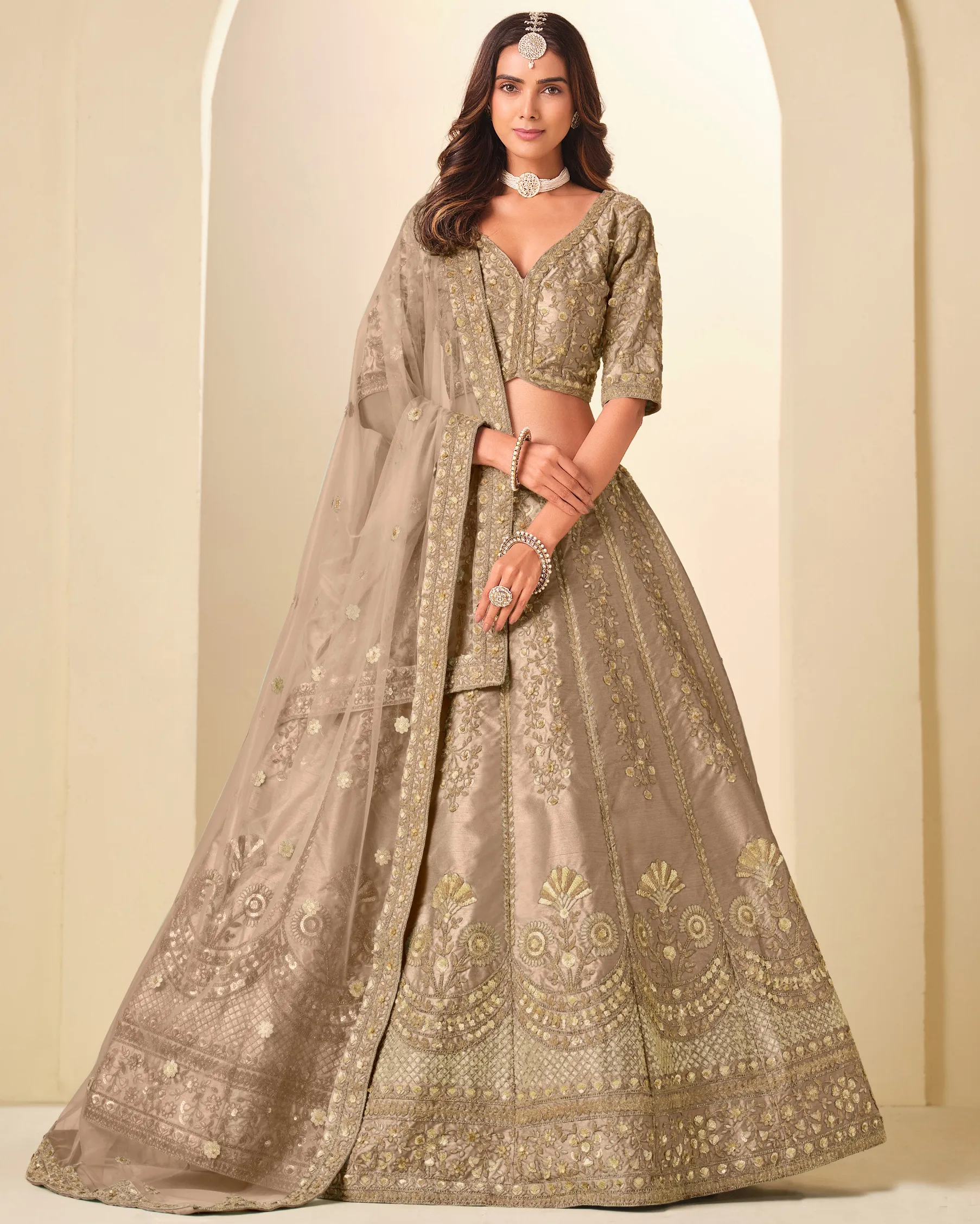 Brown Art Silk Sequins Embroidered Wedding Lehenga