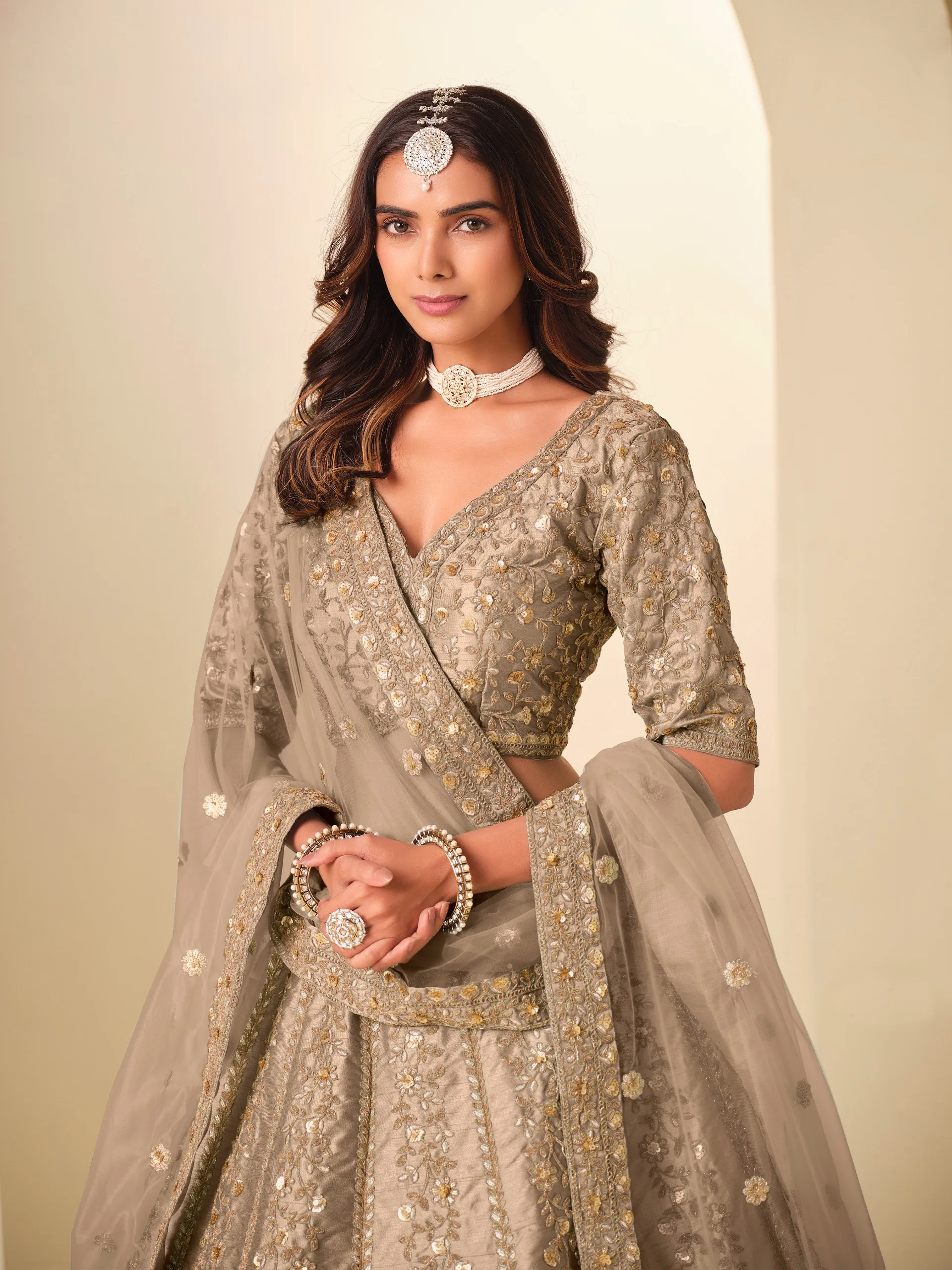 Brown Art Silk Sequins Embroidered Wedding Lehenga - Image 3