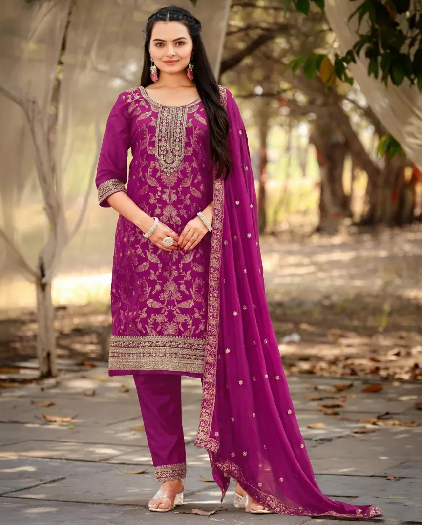 Pink Viscose Jacquard Embroidered Readymade Salwar Suit