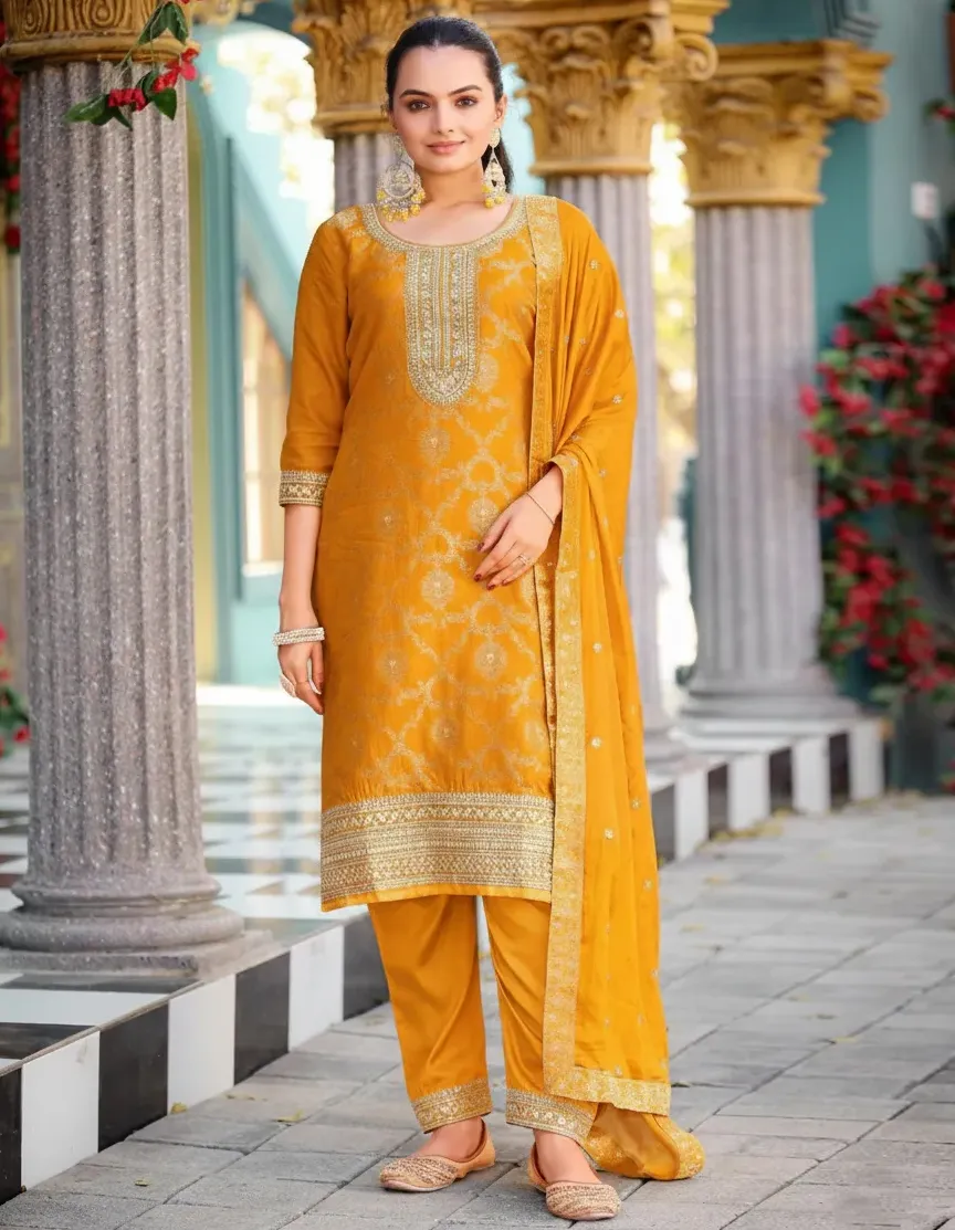 Mustard Viscose Jacquard Embroidered Readymade Suit