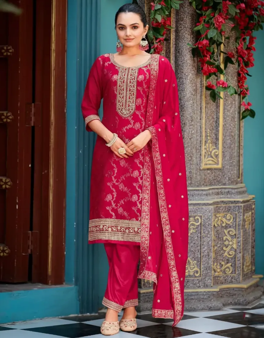 Red Viscose Jacquard Embroidered Readymade Suit