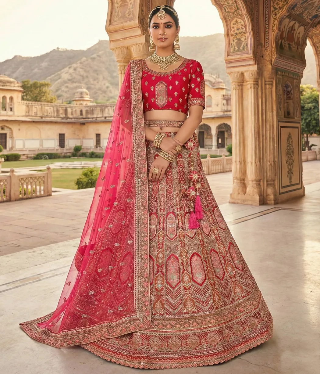 Magenta Pink Velvet Heavy Embroidered Bridal Lehenga - Image 2