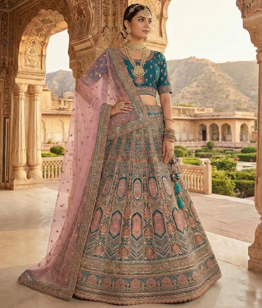 Teal Blue Velvet Heavy Embroidered Bridal Lehenga