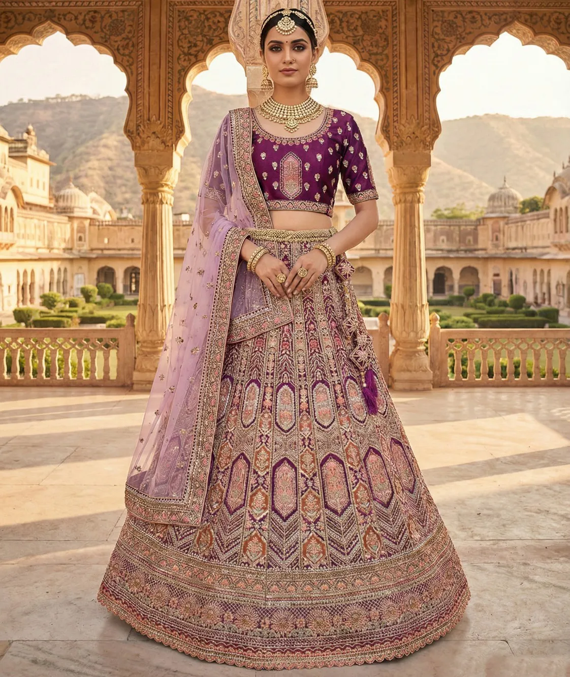 Wine Velvet Heavy Embroidered Bridal Lehenga
