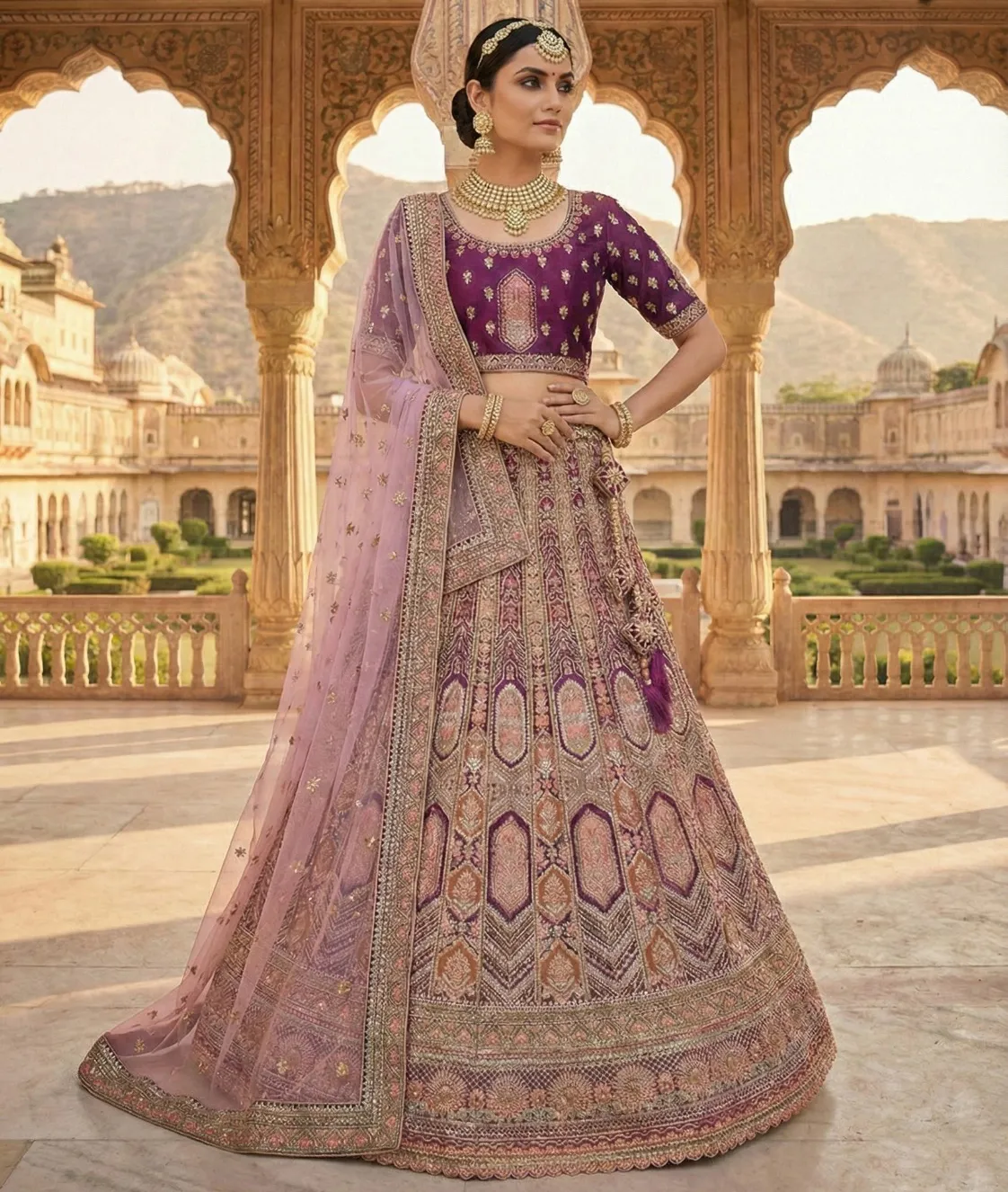 Wine Velvet Heavy Embroidered Bridal Lehenga - Image 2