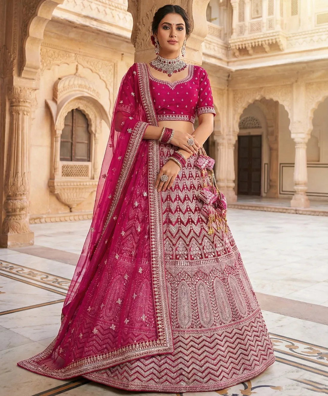 Magenta Pink Velvet Thread Diamond Work Bridal Lehenga