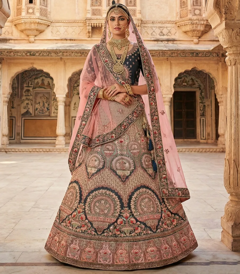 Mint Green Velvet Heavy Embroidered Zari Work Bridal Lehenga