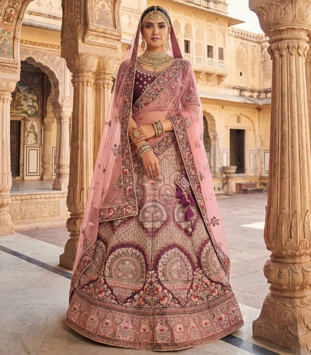 Wine Velvet Heavy Embroidered Zari Work Bridal Lehenga