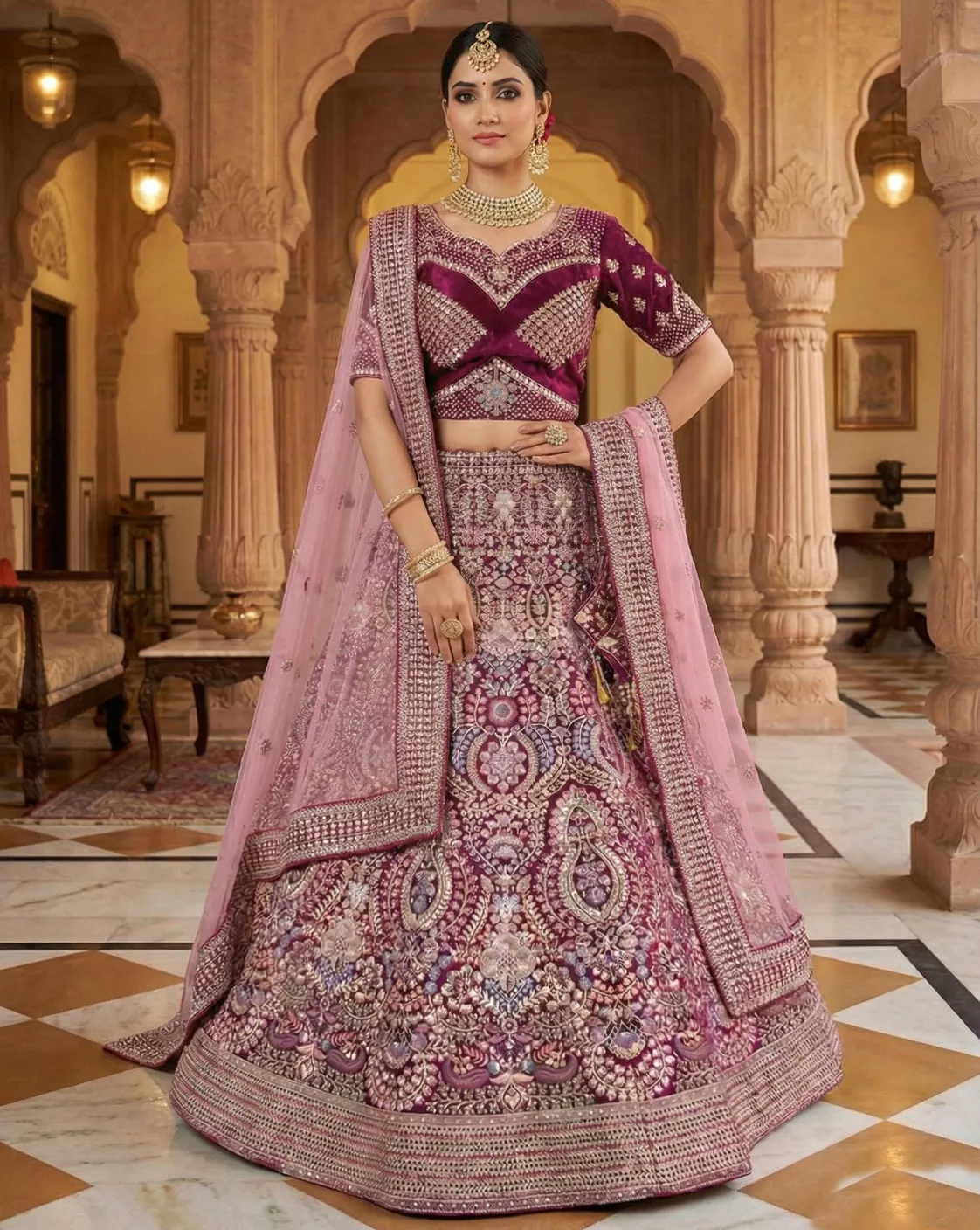 Wine Velvet Dual Sequins Hand Work Bridal Lehenga
