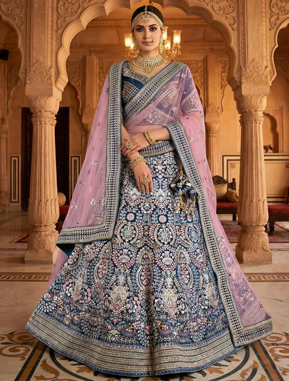 Blue Velvet Dual Sequins Hand Work Bridal Lehenga