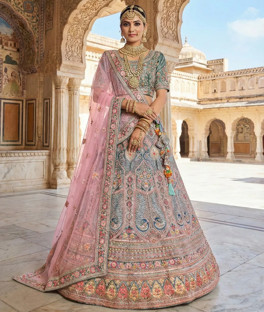 Light Blue Velvet Zari Sequins Work Bridal Lehenga
