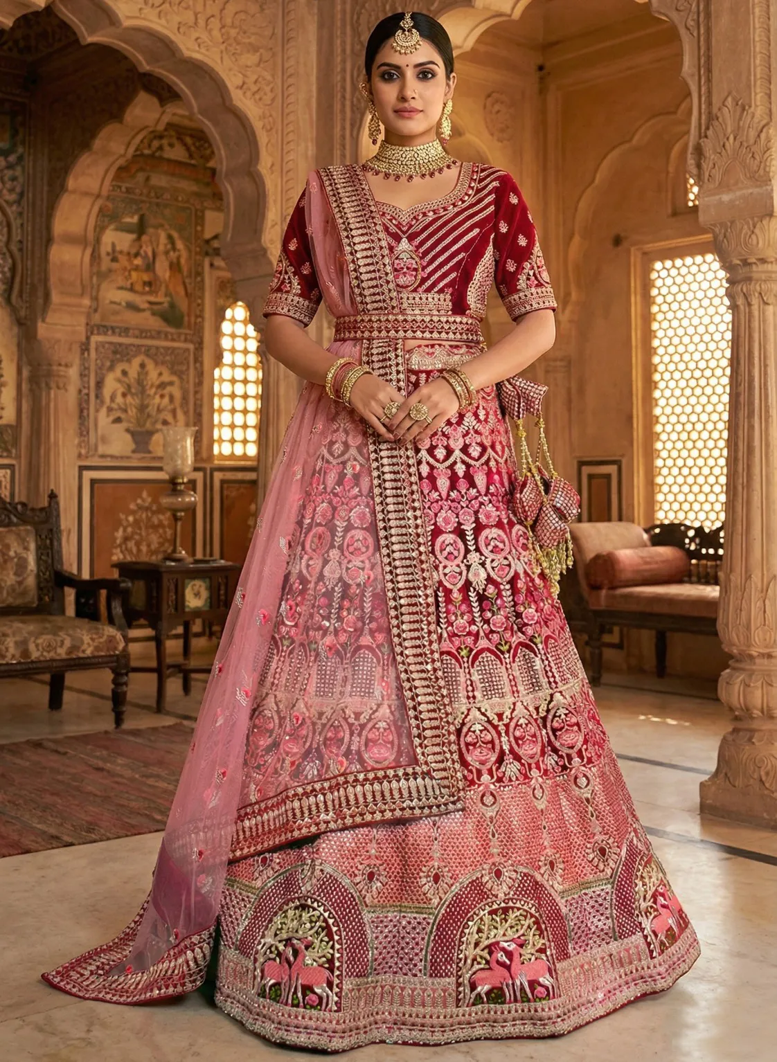 Maroon Velvet Heavy Embroidered Zari Work Bridal Lehenga