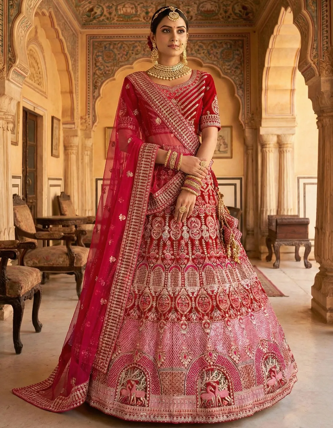 Red Velvet Heavy Embroidered Zari Work Bridal Lehenga