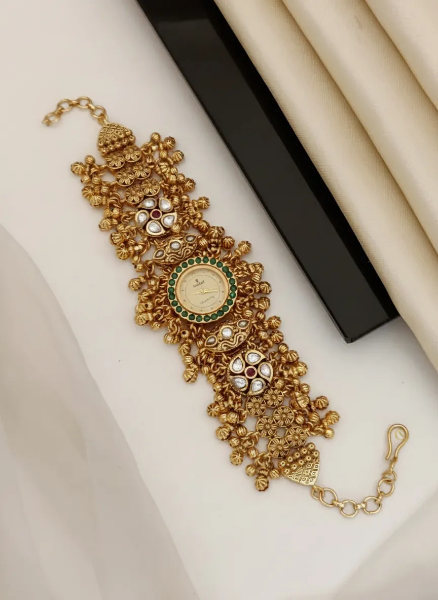 Kundan Work Traditional Gold-Plated Floral Bracelet Watch