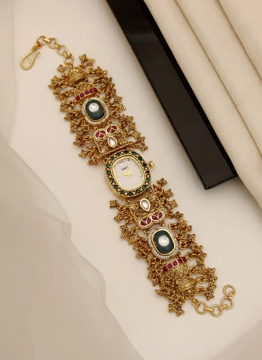 Traditional Ethnic Gold-Plated Antique Kundan Bracelet Watch