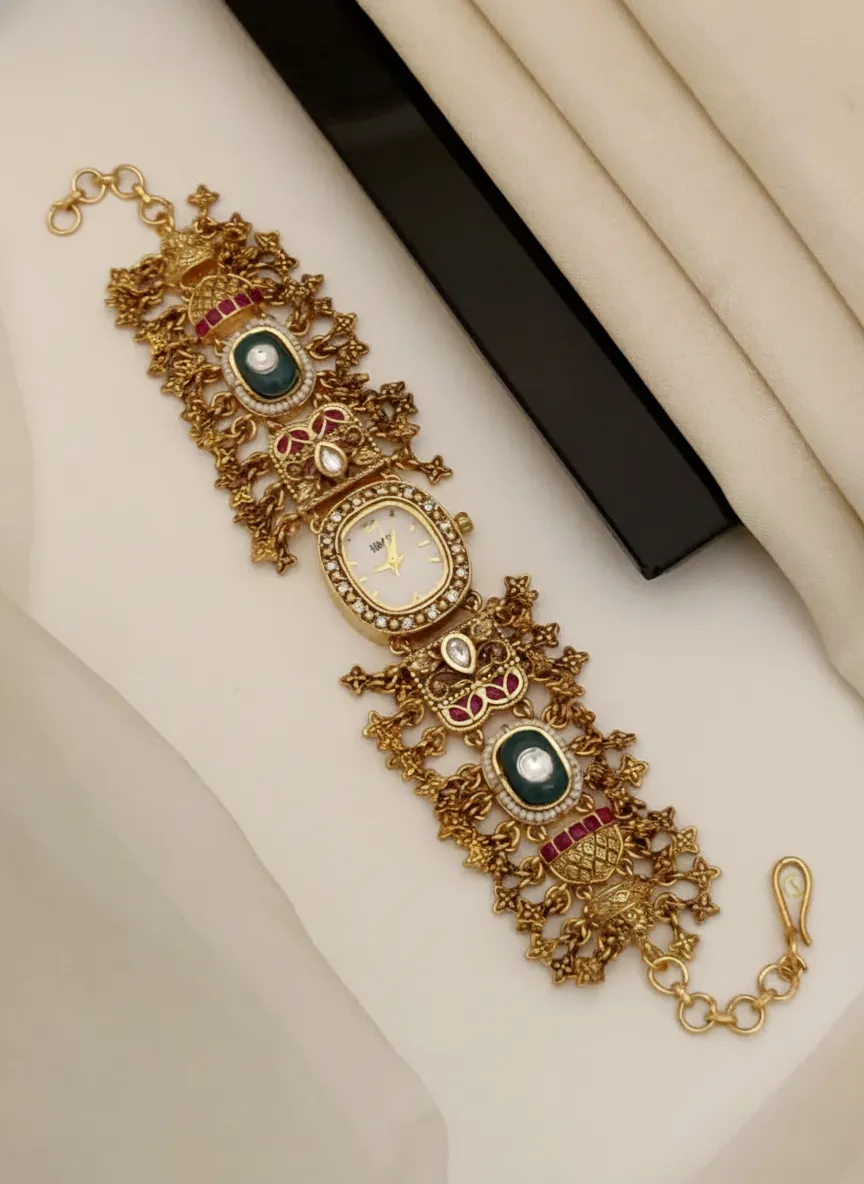Green And Red Stones Antique Gold Temple Jewelry Bracelet Watch