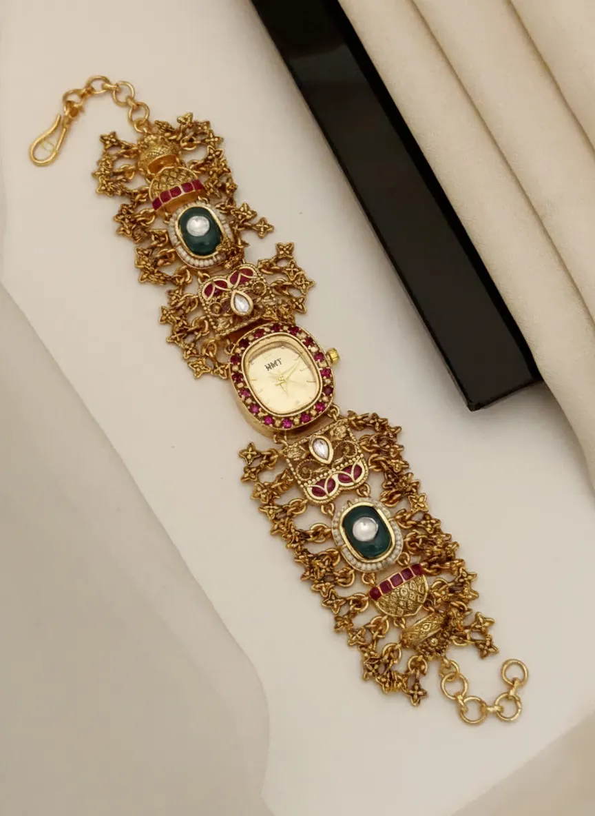 Red & Green Stones Traditional Gold-Plated Bracelet Watch
