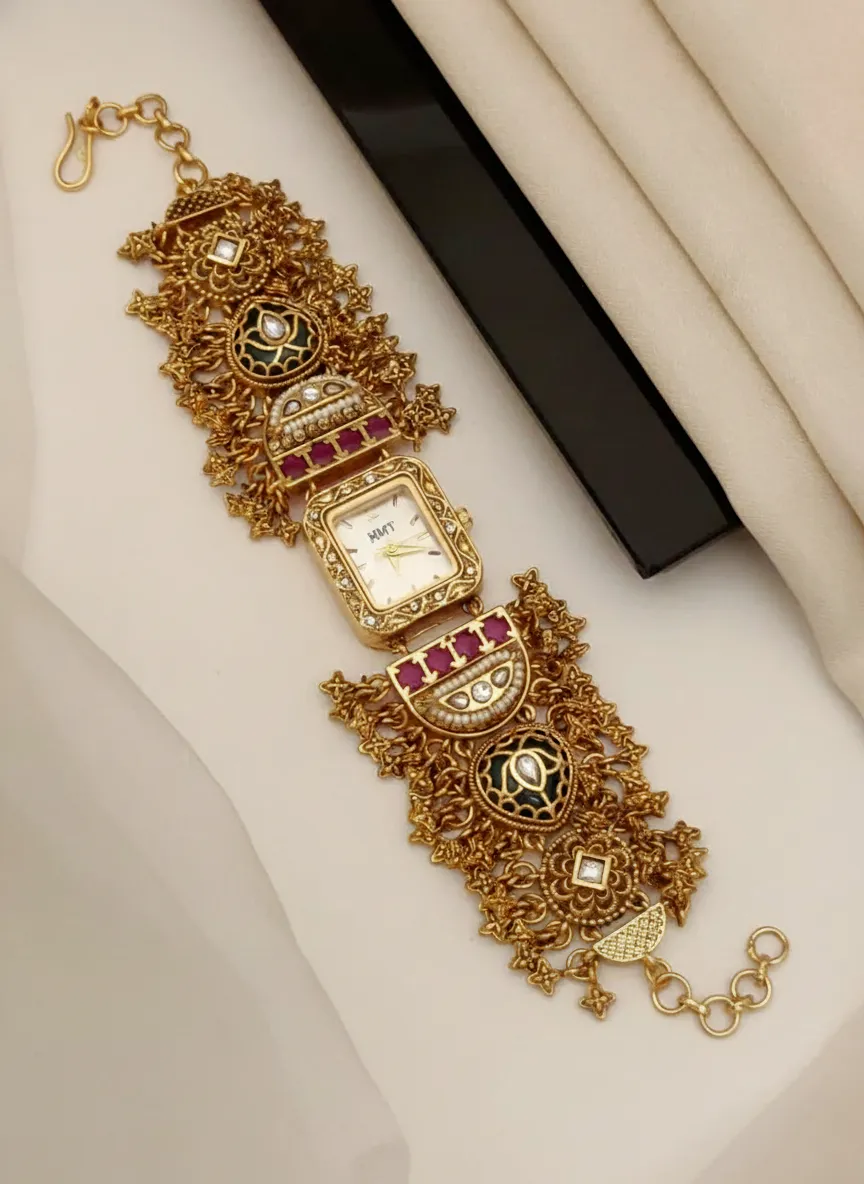 Stones and Pearls Gold-Plated Traditional HMT Bracelet Watch