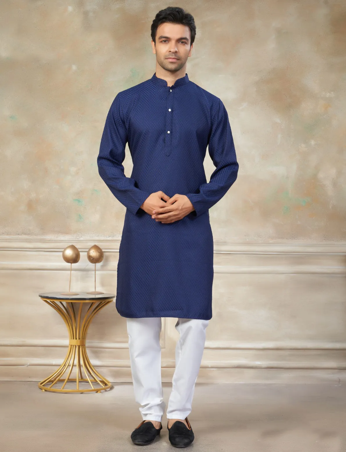 Royal Blue Rayon Cotton Schiffli Work Men’s Kurta Pyjama