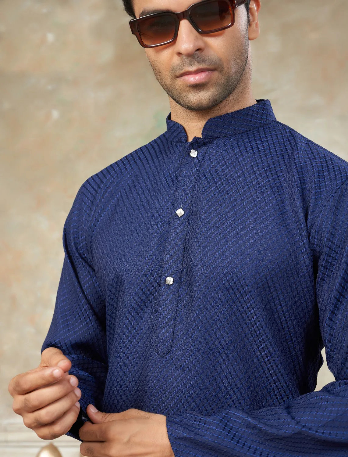Royal Blue Rayon Cotton Schiffli Work Men’s Kurta Pyjama - Image 3
