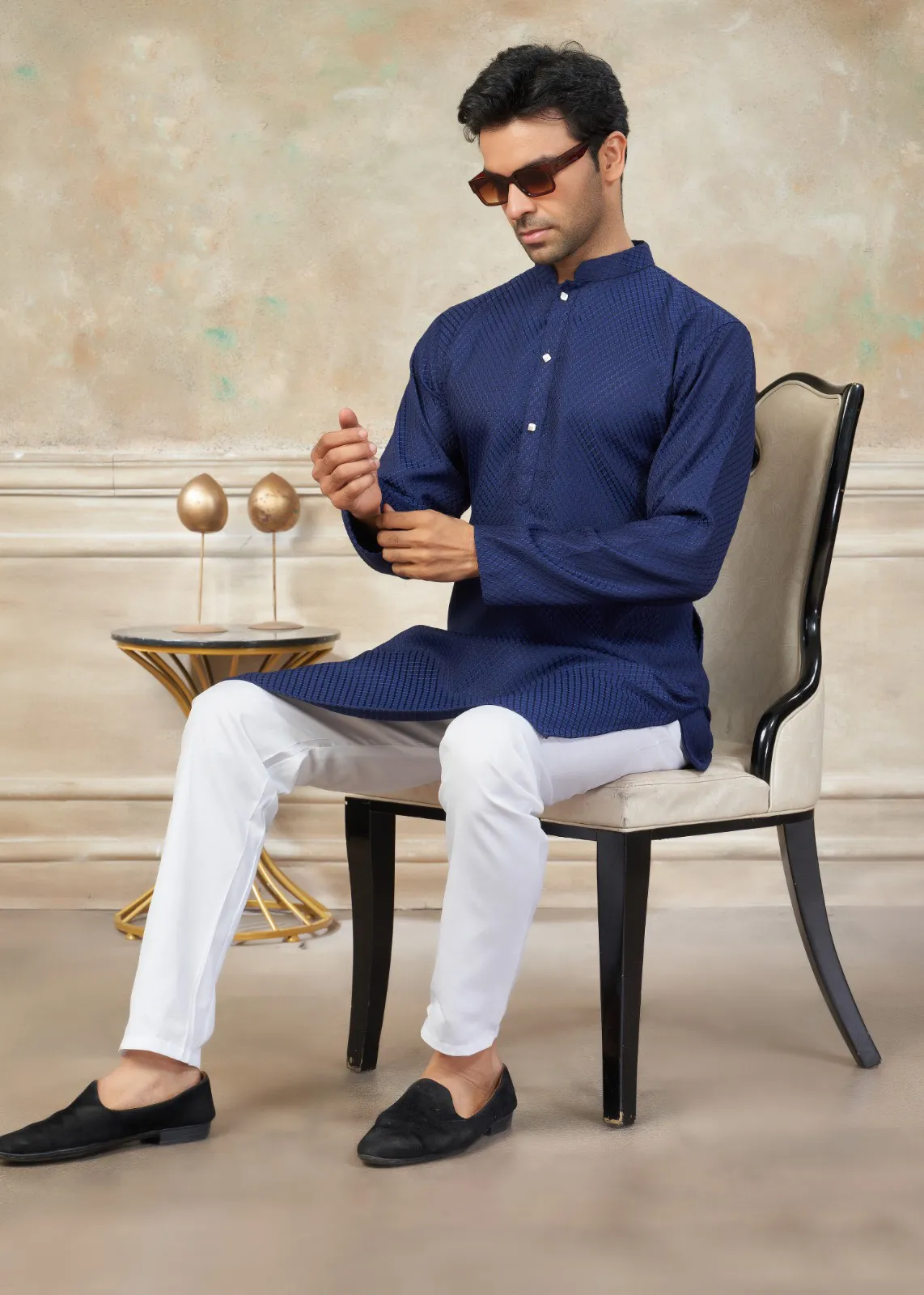 Royal Blue Rayon Cotton Schiffli Work Men’s Kurta Pyjama - Image 2