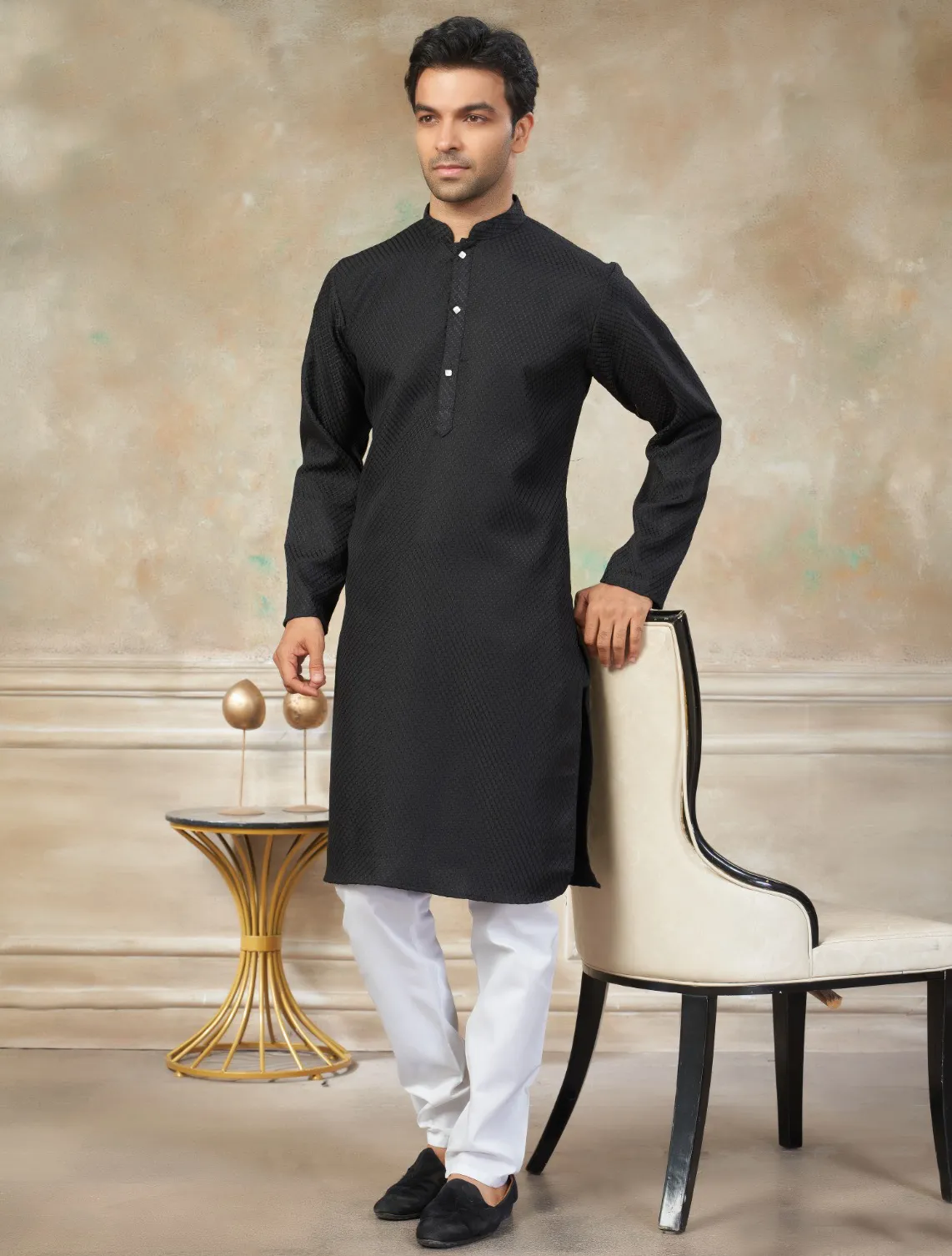 Black Rayon Cotton Schiffli Work Men’s Kurta Pyjama - Image 2