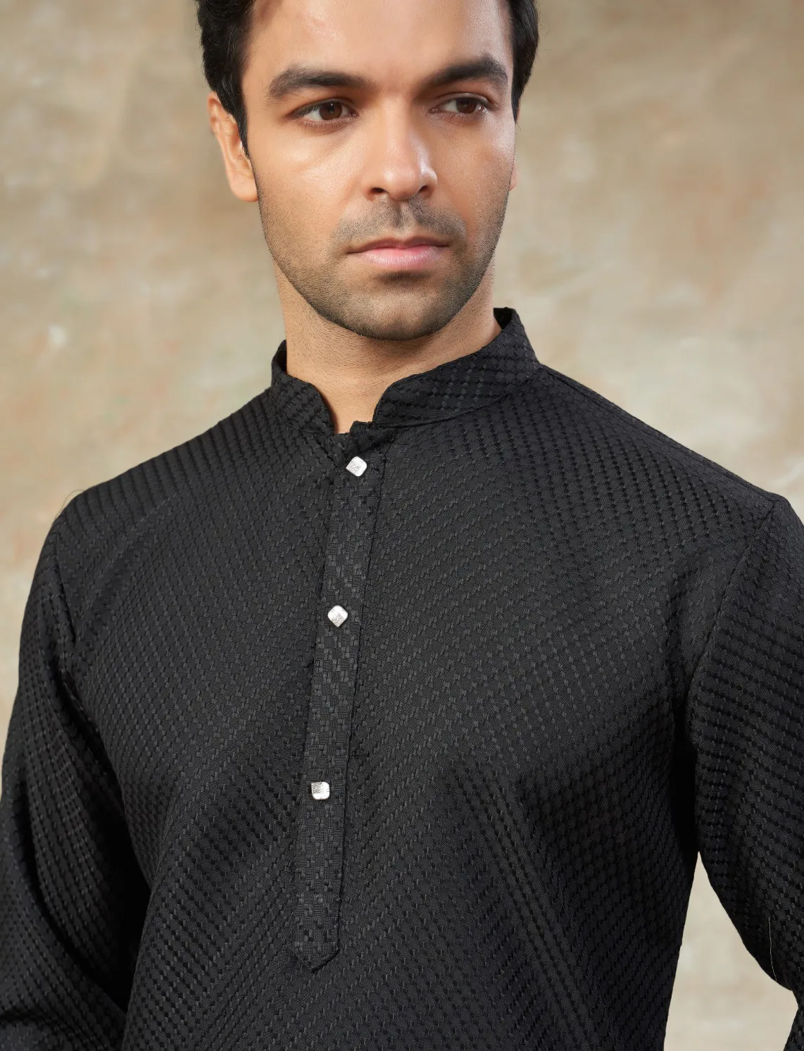 Black Rayon Cotton Schiffli Work Men’s Kurta Pyjama - Image 3