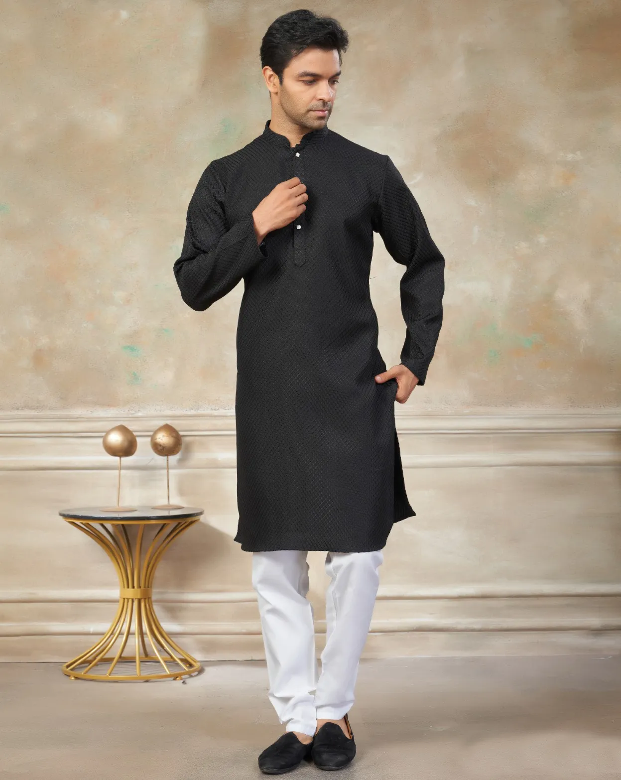 Black Rayon Cotton Schiffli Work Men’s Kurta Pyjama