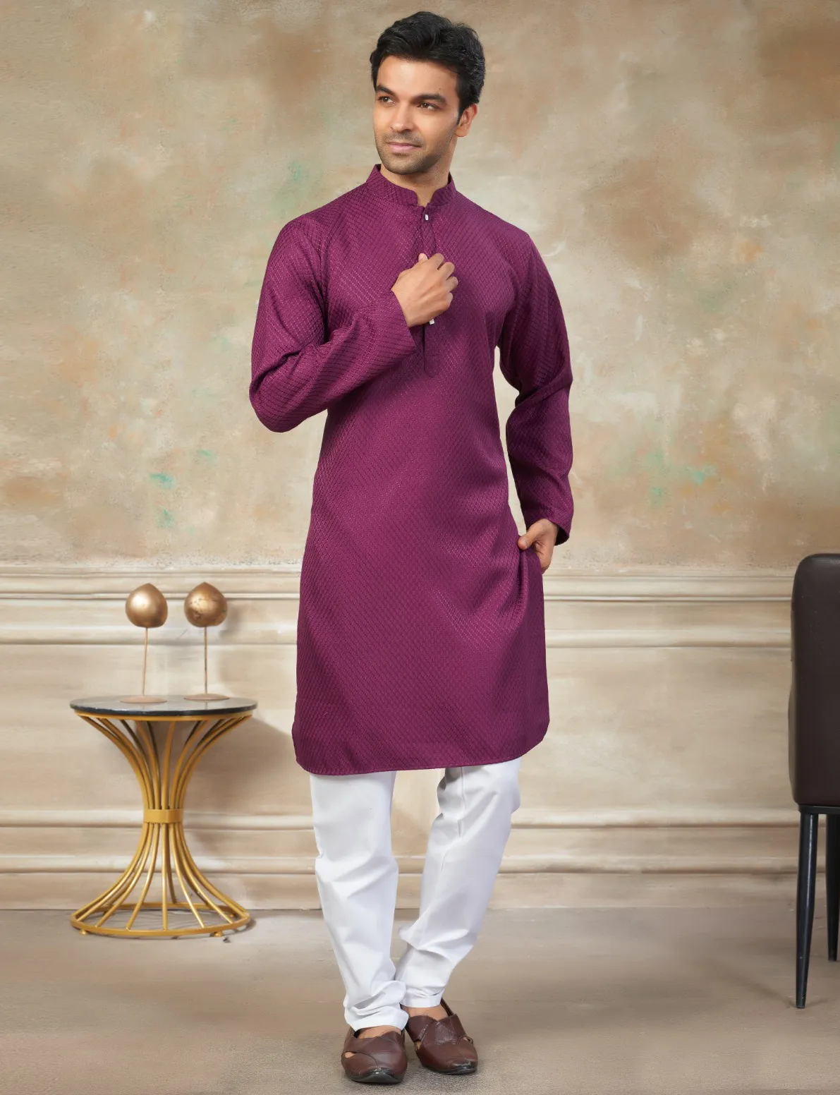 Magenta Pink Rayon Cotton Schiffli Work Men’s Kurta Pyjama