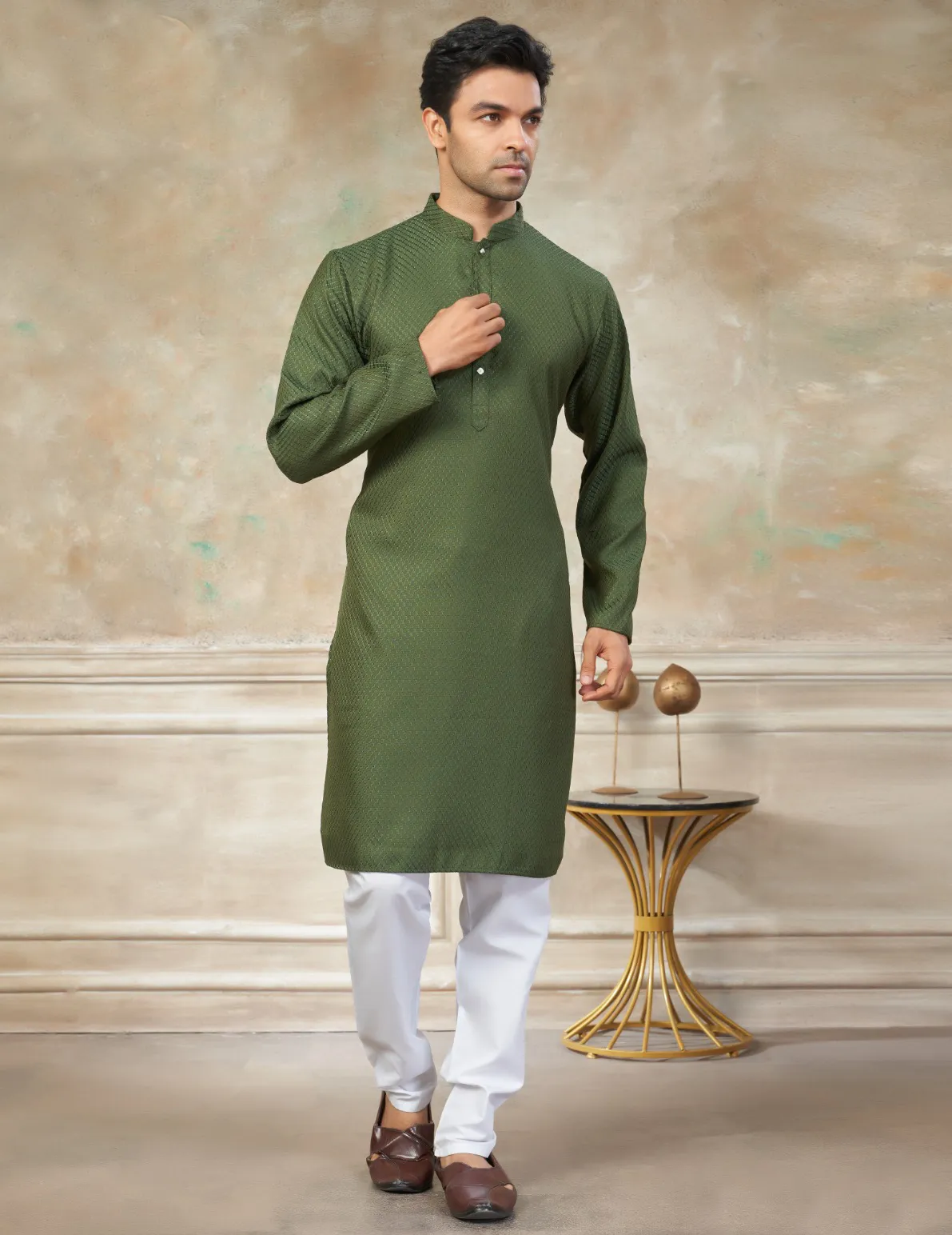 Olive Green Rayon Cotton Schiffli Work Men’s Kurta Pyjama