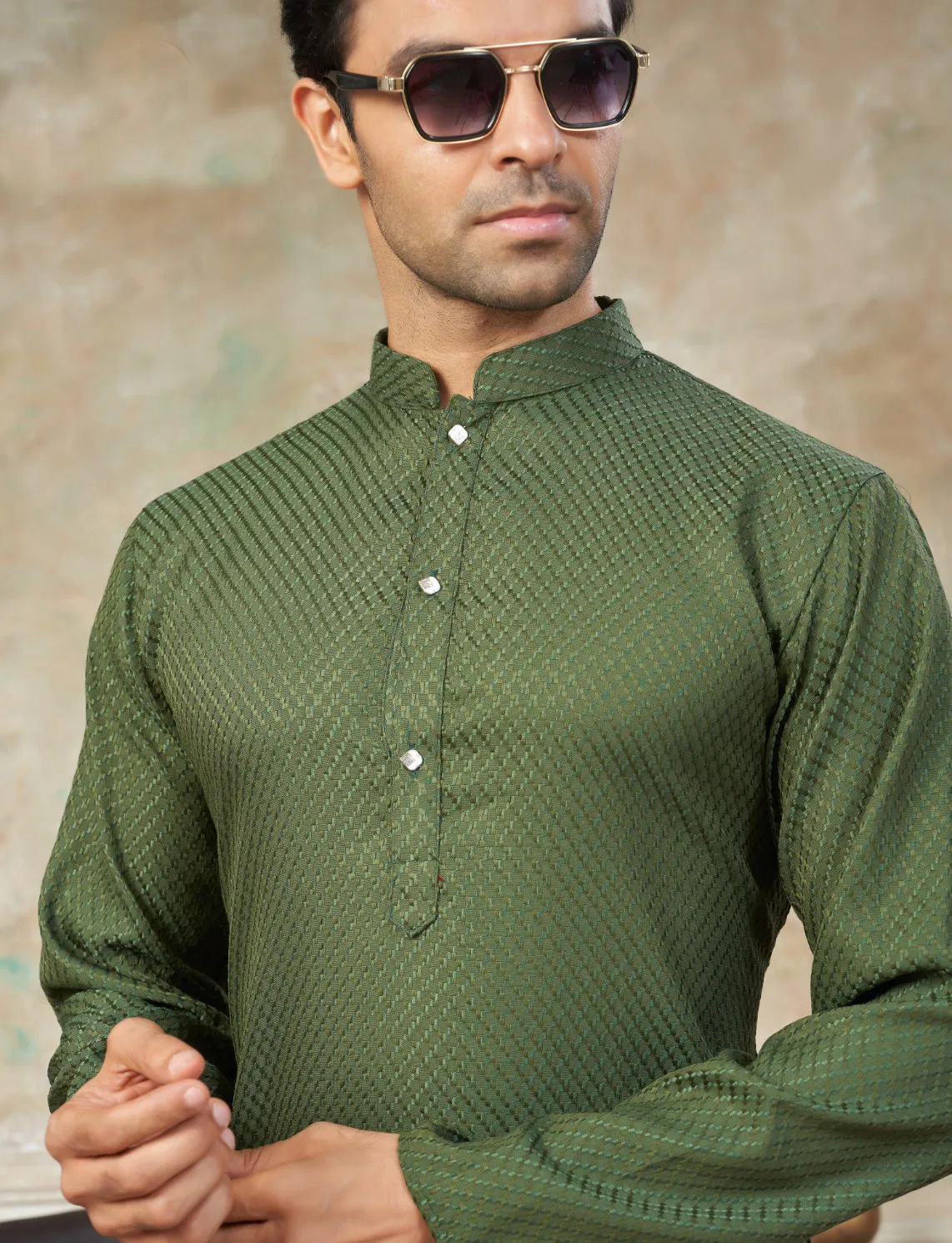 Olive Green Rayon Cotton Schiffli Work Men’s Kurta Pyjama - Image 2