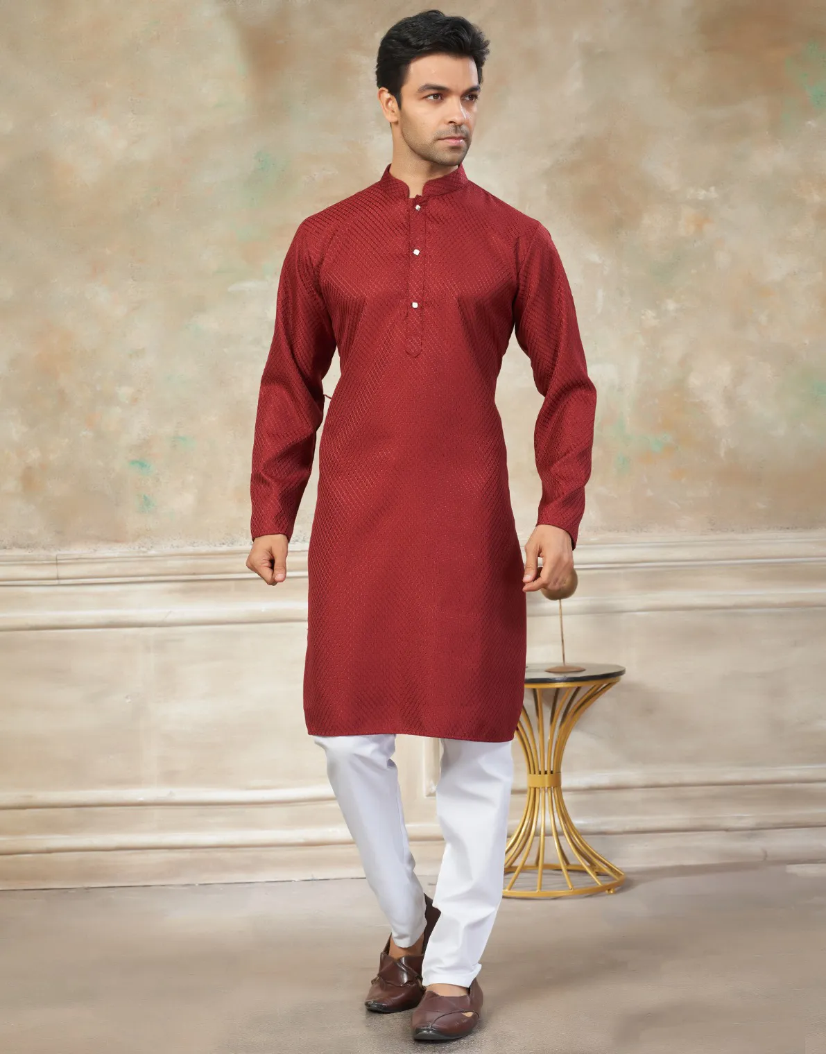 Red Rayon Cotton Schiffli Work Men’s Kurta Pyjama