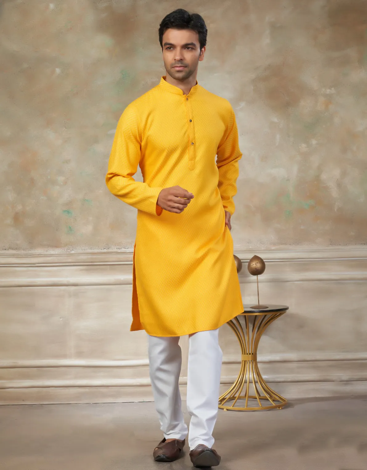 Yellow Rayon Cotton Schiffli Work Men’s Kurta Pyjama