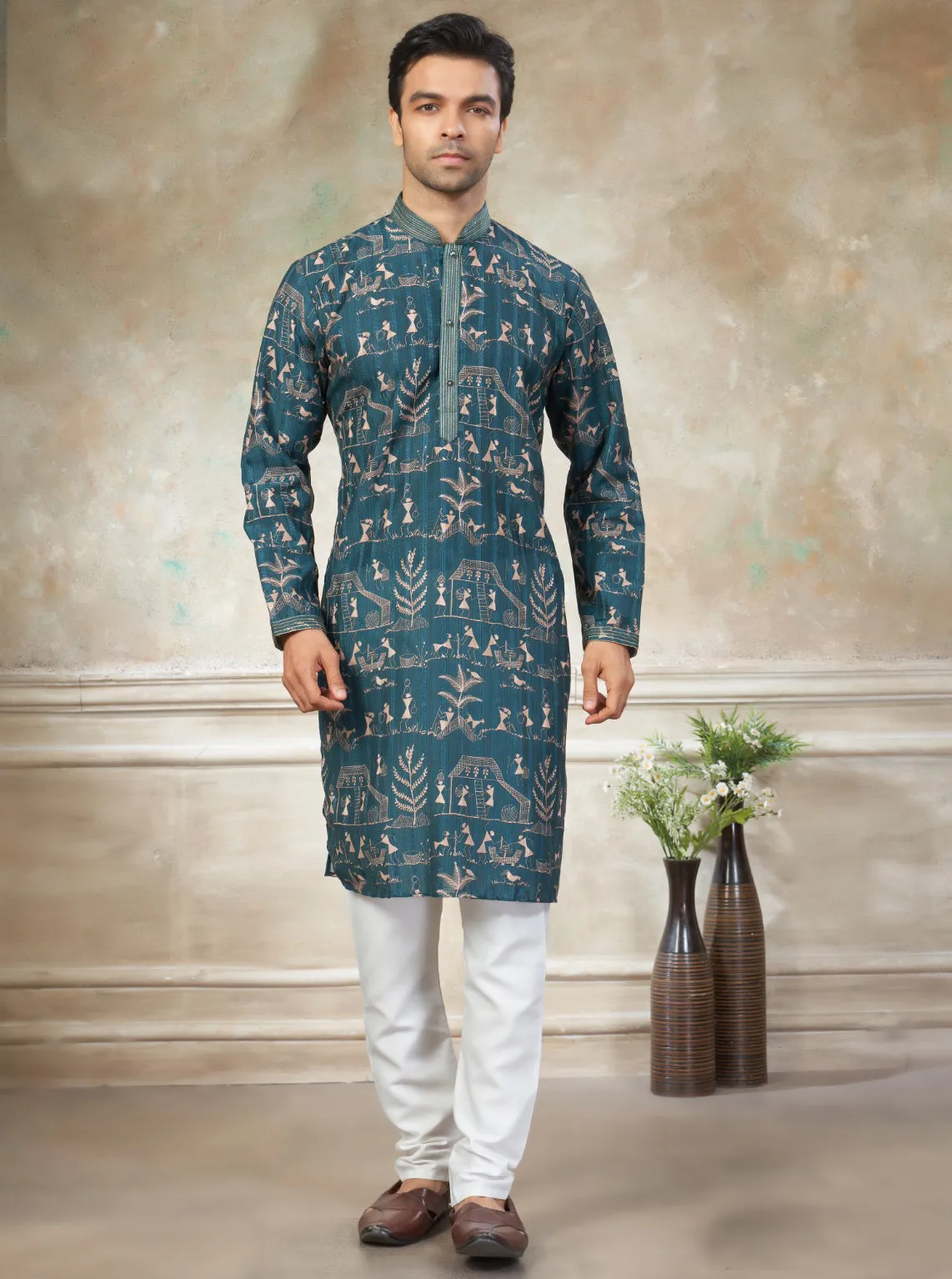Blue Premium Cotton Digital Printed Men's Kurta Pajama