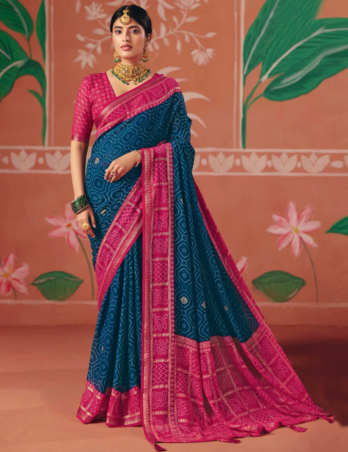 Navy Blue Bember Georgette Bandhani Style Saree With Tassels