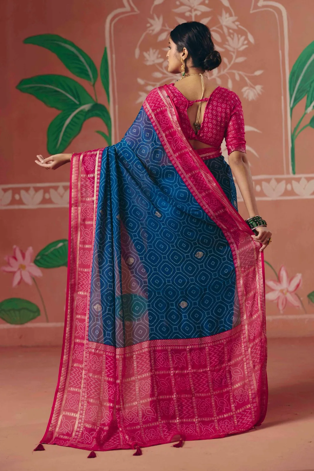 Navy Blue Bember Georgette Bandhani Style Saree With Tassels - Image 2
