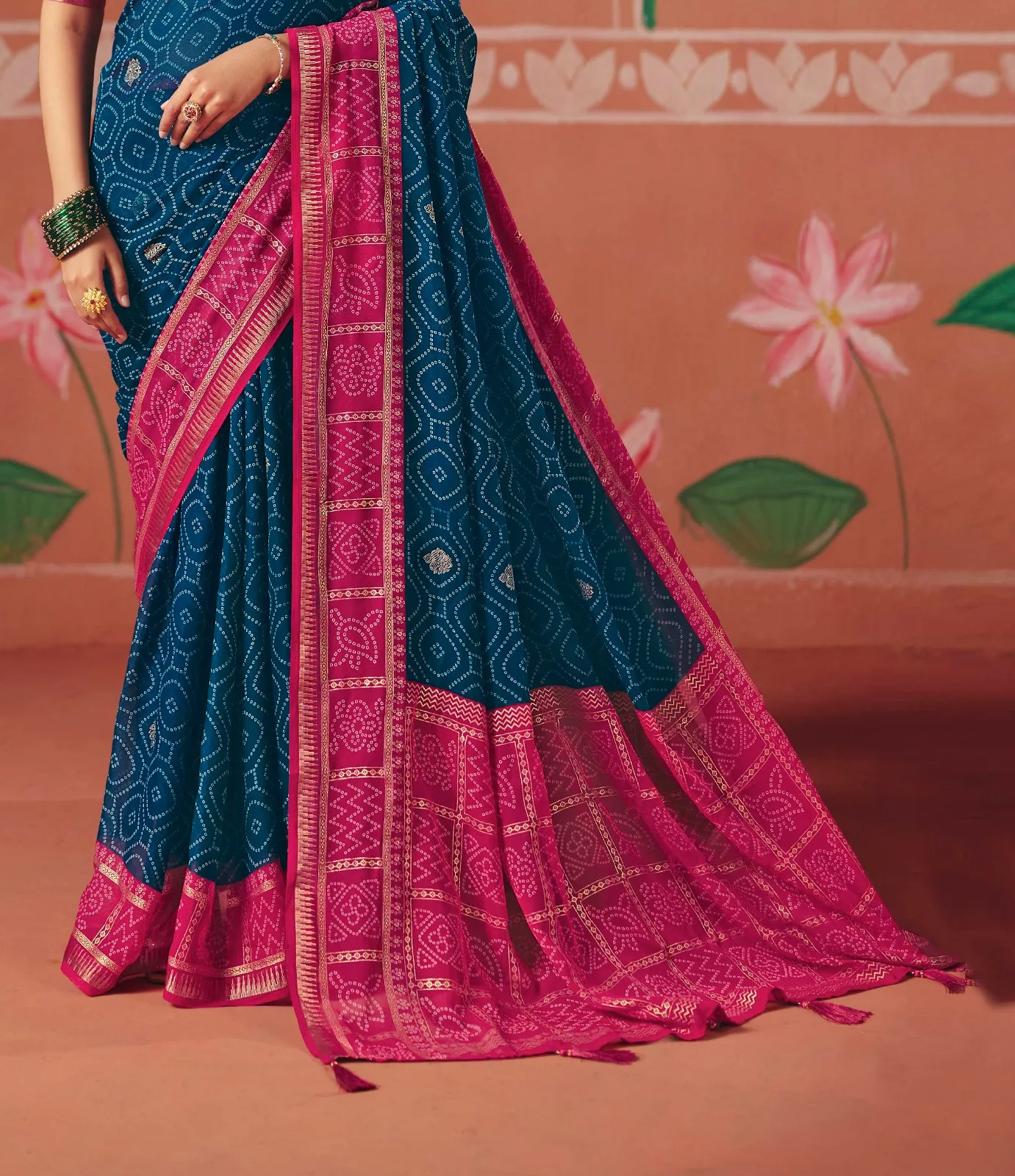 Navy Blue Bember Georgette Bandhani Style Saree With Tassels - Image 3