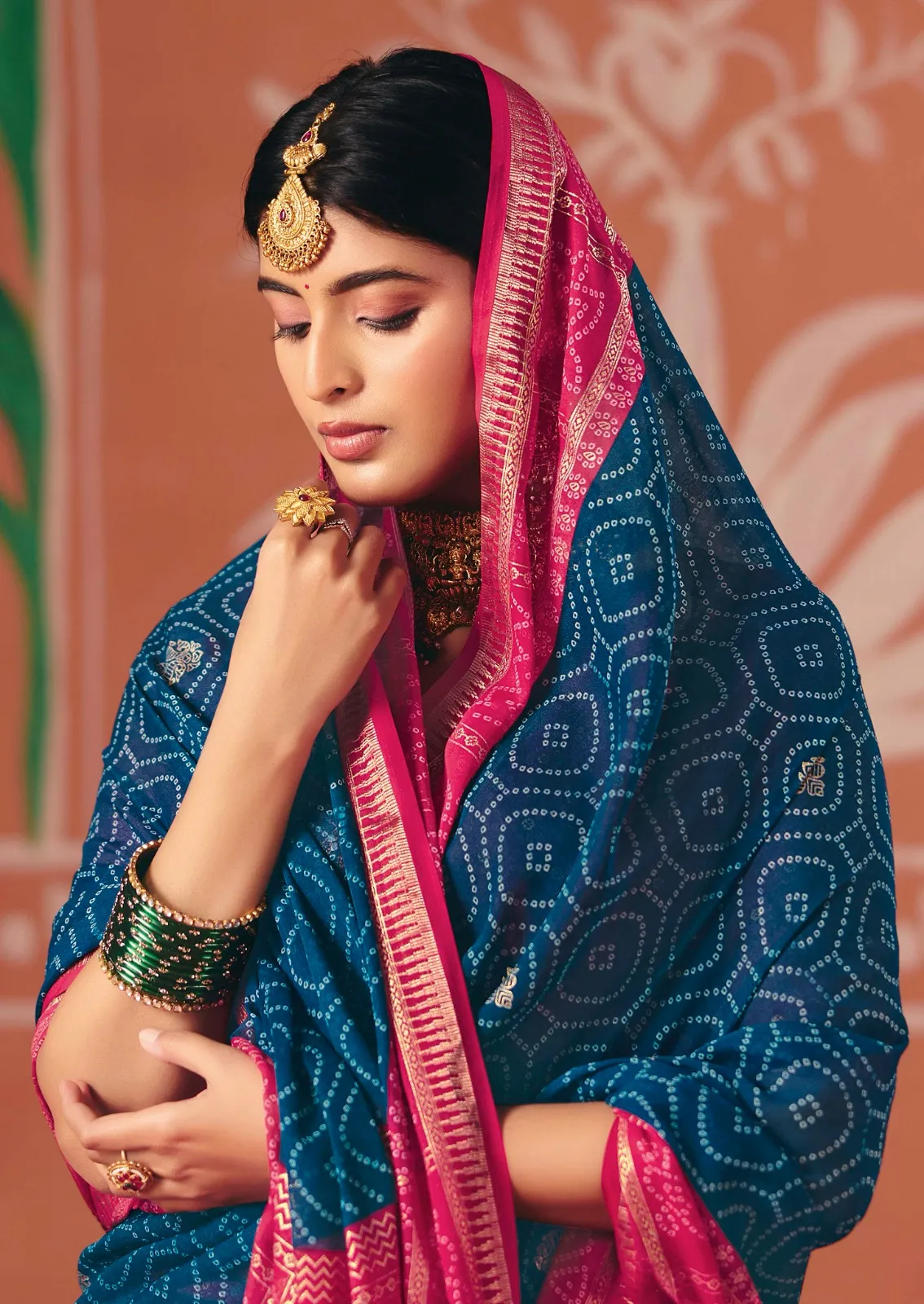 Navy Blue Bember Georgette Bandhani Style Saree With Tassels - Image 4